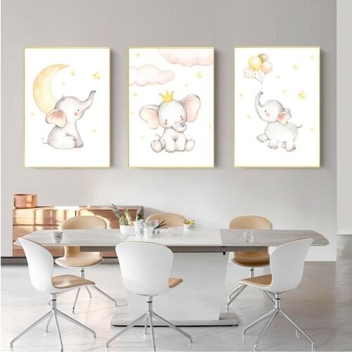 Art Painting Nordic Kids Room Decoration Picture Elephant Moon Star Baby Animal Nursery Poster Child Canvas Print Simple Wall