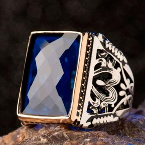 Vintage Real Pure 925 Sterling Silver Ring For Man Blue Zircon Stone Big Patterned Embroidered Handmade Turkish Jewelry