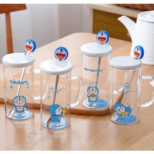 300ml Doraemon Coffee Mug with Lid and Spoon glass cup glass bottle Milk Tea Drinking Glass Tea Cup Gift for Girls Pink
