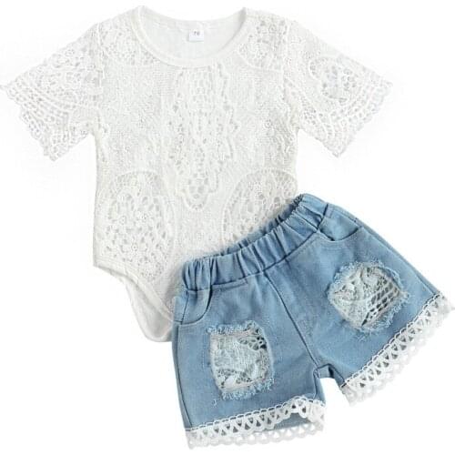 Summer Infant Baby Girls Clothes Sets Lace Hollow Two Pieces Floral Short Sleeve Bodysuit Tops+Ripped Denim Shorts Baby Outfits