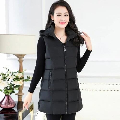 Autumn Winter Cotton Vest Women Casual Hooded Waistcoat Female Sleeveless Long Gilet Jacket Ladies Slim Warm Coat Plus Size 5XL