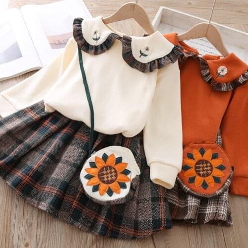 2019 Girl Baby Autumn Fashion Clothing Set Lace Sweater Shirts+Plaid Skirt+Flower Bag,Kids Children Princess Birthday Suits
