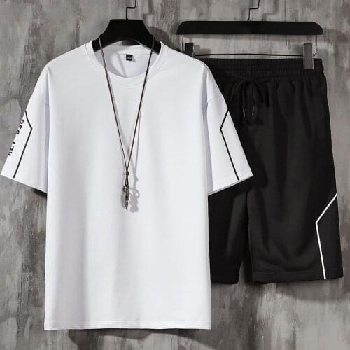 Casual Men Sets Summer 2021 New 2 Piece Solid Sports Suit T Shirts+Five-point Shorts Sportswear Jogger Fitness Slim Tracksuit