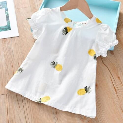 Girl Fashion Shirt Baby Summer Blouse for 2-7 years Girls Tops Doll Shirt Short Sleeve White Pineapple Embroidery Cute Tees