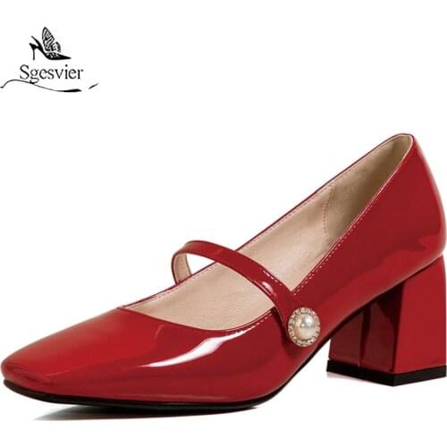 Sgesvier square toe pumps fashion paint Mary Jane shoes buckle beading black red apricot high-heeled chunky womens shoes