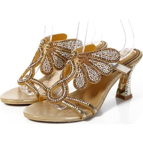 Thick High Heel 8 cm Heel Slippers Flower Rhinestone Hollow Slippers Women Summer Diamonds High Heel Slippers