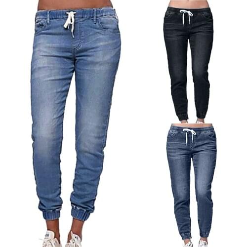 Drawstring Denim Jeans For Women Lace Up Lantern Stretch Jean Ladies Plus Size Full Length Pencil Pants Casual Trousers #T3G