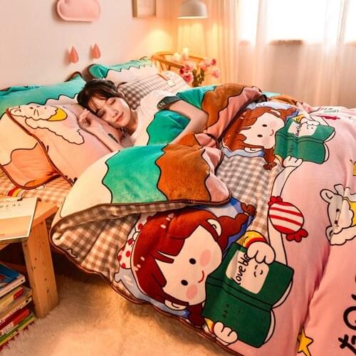 Winter Warm Flannel 3/4pcs Bedding Set Milk Velvet Quilt Duvet Cover Cartoon Thickened Snow Fleece Bed Sheet Pillowcase Sets