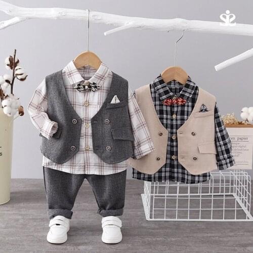 Spring Fashion Kids Cotton Clothes Baby Boys Girls Causal Solid Vest Plaid Shirts Pants Tie 3Pcs/Sets Children Toddler Tracksuit