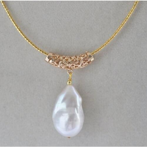 Z10726 Natural 28mm White Drop Keshi Reborn Pearl Pendant Chain