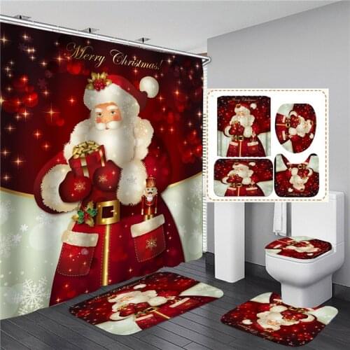 Red Snowman Christmas Printed Shower Curtain Set Anti-slip Bathing Mat Toilet Waterproof Polyester 3d Curtains for Bathroom