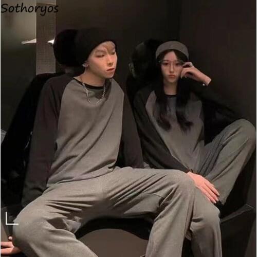 Women Pajama Sets Cotton Simple Patchwork Couples Sleepwear Female Loose Long Sleeve Casual Soft Sleep Clothes Fashion Homewear