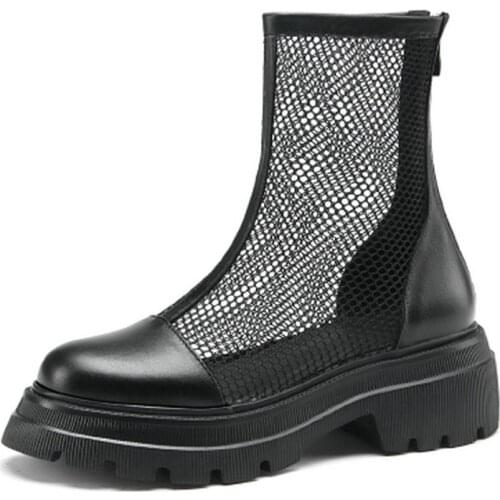 2021 Cool Boots Genuine Leather Mesh Zipper Female Pumps Spring Summer Round Toe Square High Heel Women Shoes Size 34-41
