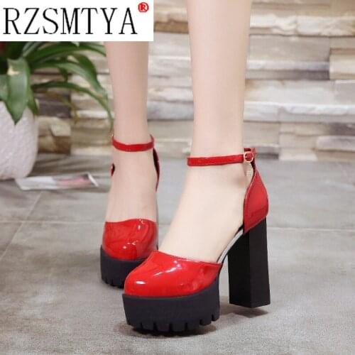 Patent Leather Platform Women Shoes High Heel Ankle Buckle Square Heel Women Pumps Party Model Footwear 2021 New Spring