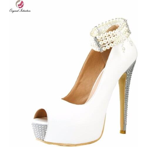 Original Intention Super Elegant Women Pumps Fashion String Bead Peep Toe Thin High Heels White Shoes Woman Plus US Size 4-15