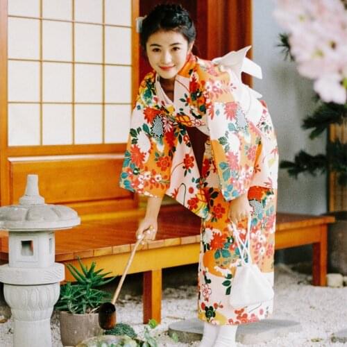 Womens Yukata Robe Japan Classic Kimono 4 Pieces/Set Beautiful Floral Prints Vintage Dress Cosplay/Performing Wear