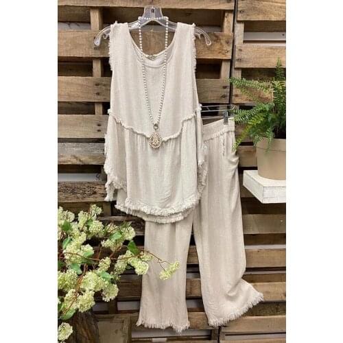 Cotton Linen Summer Two Piece Set Women Casual Solid Sleeveless Frayed O Neck Vest Shirt Wide Leg Pants Trousers Set Suit Outfit