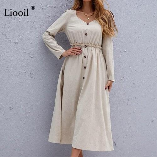 Liooil Long Sleeve Maxi Dress With Button Slim Waist V Neck Long Dress Casual For Women Ladies Autumn Elegant Vacation Dresses