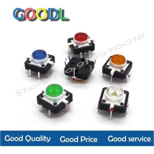 10 pces iluminado tact interruptor 12x12x7.3mm verde vermelho amarelo azul branco led botão de reset interruptor momentâneo led