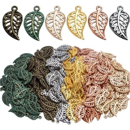 50pcs 10x18mm Filigree Hollow Leaf Metal Pendants for DIY Bracelet Necklace Making Jewelry Findings