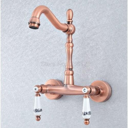 Antique Red Copper Wall Mounted Swivel Spout Kitchen Sink Vessel Faucet Dual Ceramic Lever Bathroom Basin Taps tsf904