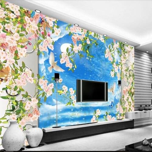 Beibehang Aestheticism sky floral garden style TV backdrop custom large mural green wallpaper papel de parede para quarto