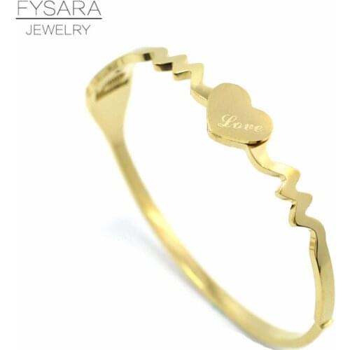 FYSARA Electrocardiogram Heart Love Bangle For Women Couple Lady Bangle Gold Color Stainless Steel Wedding Jewelry Wholesale