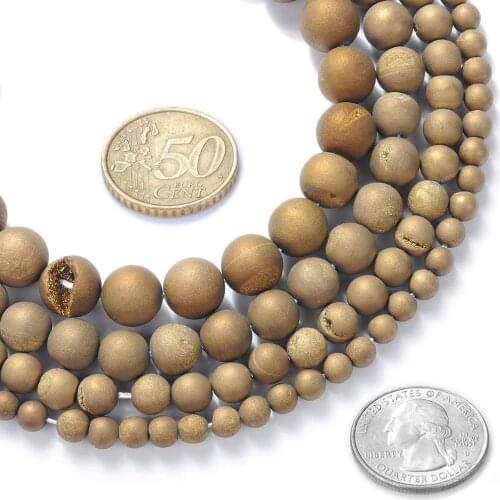 Natural Metallic Titanium Coated Golden Druzy Quartz Agates Stone Beads Loose Strand 6-12mm for Jewelry Making DIY Necklace