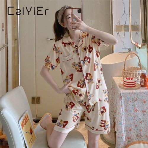 CAIYIER Cute Bear Print Ladies Nightwear Summer Sweet Short Sleeve Shorts Pajamas Set Lounge Wear Girls Simple Sleepwear M-2XL