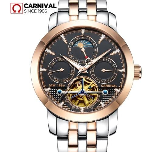 Fashion tourbillon watch men Moon Phase Stainless steel Automatic mechanical Sapphire waterproof black watch relogio masculino