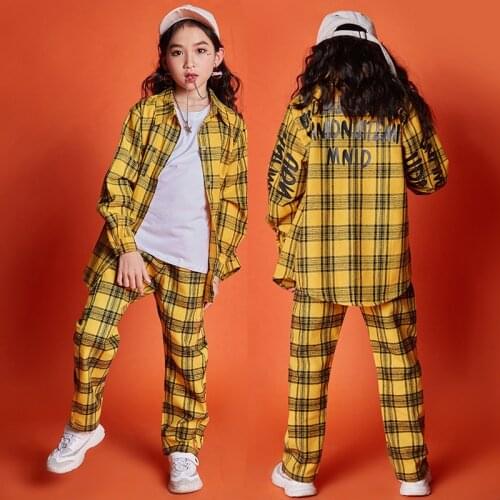 Childrens Hip-hop Jazz Dance Street Dance Performance Costume Boys Girls Hiphop Loose Long Sleeve Yellow Plaid Shirts Trousers