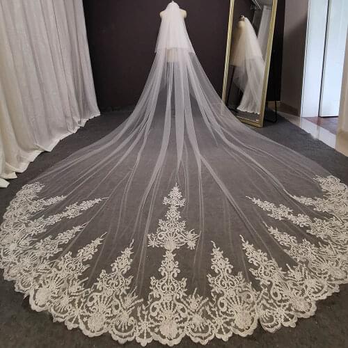 Real Photos 2 T Long Lace Wedding Veil 4 Meters White Ivory Bridal with Comb Blusher Bride Headpiece Accessories