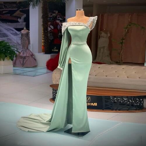 Elegant Satin Prom Dresses One Shoulder Long Sleeves Sequins Shiny High Split Women Evening Party Pageant Gowns Plus Size Custom