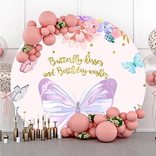 DAWNKNOW Round Circle Photography Background Live Backdrop Cartoon Butterfly Flower Baby Birthday Party Decoration Photo Studio