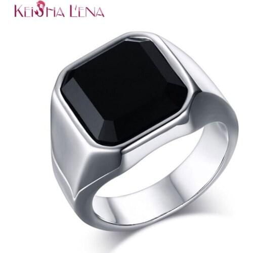 Keisha Lena New design big stone ring for man stainless steel mans classic punk black stone rings for male jewelry