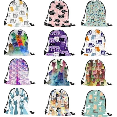 Cool Animal Print String Bag Cartoon Rainbow Color Cat Dog Painting Shoulder Bag Softback Polyester Women Men Outdoor Bags Gift