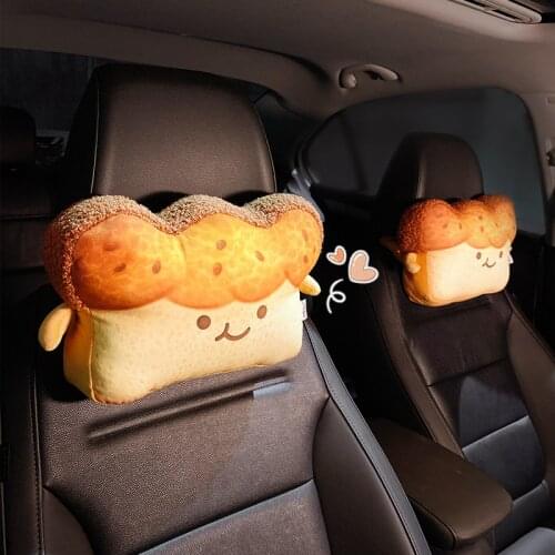Cute Car Headrest Neck Pillow Creative Cartoon Universal Seat Head Rest Support Cushion Toast Backrest Cover Auto Accessories