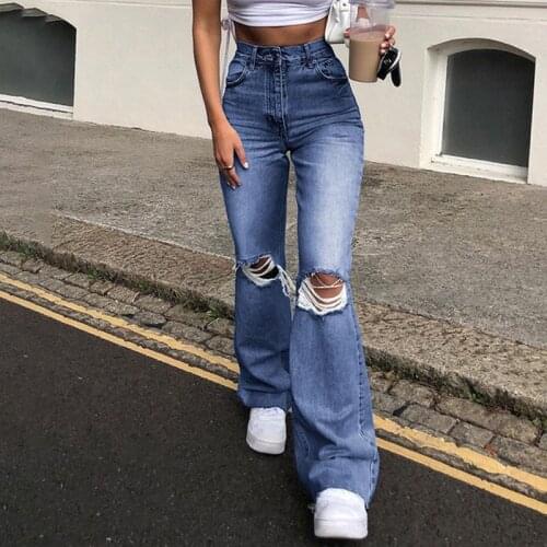High Waisted Fashion Ripped Blue Flare Jeans For Girls Female Casual Womens Vintage Denim Pants Trouser Harajuku Capri