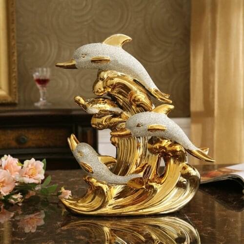 Fashionable Big Size Gold Dolphin Ceramic Handicraft Furnishing Articles Creative Gold-plated Dolphin Family