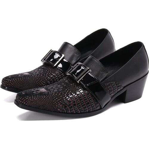 Unique Design Man 6.5cm High Heels Pointed Toe Loafers Crocodile Skin Grain Mens Large Size Leather Shoes Wedding Party Shoes