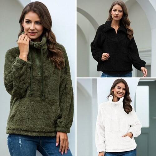 Kili Women Soft Plush Sweatshirt Long Sleeve Zipper Up Stand Collar Warm Pullovers Tops