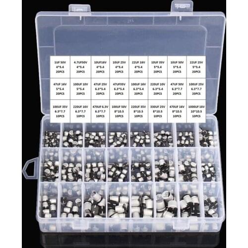 1UF~1000UF 6.3V-50V 400Pcs 24Value SMD Aluminum Electrolytic Capacitors Assortment Kit + Box