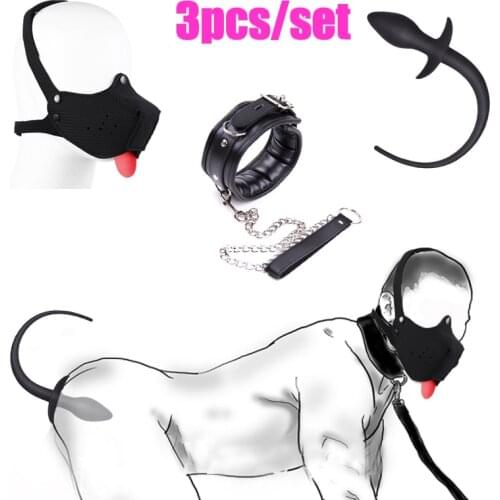 Puppy Play Set Half Face Dog Hood Mask Slave Bondage Muzzle Mask Pup Neck Collar With Leash Dog Tail Plug Bdsm Pet Role Play Toy