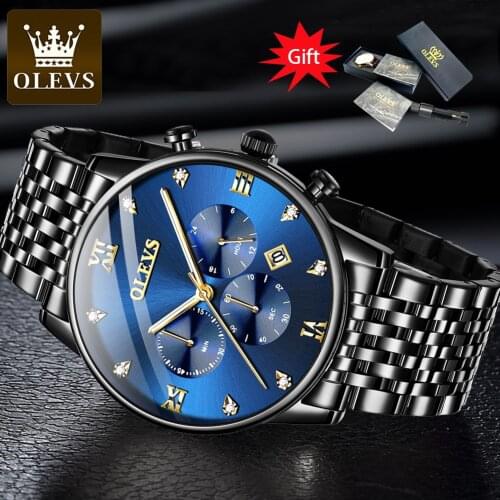 OLEVS Mens Luxury Brand Watch Quartz Watch Stainless Steel Blue Dial Mens Chronograph Luminous Waterproof Date Fashion Watch