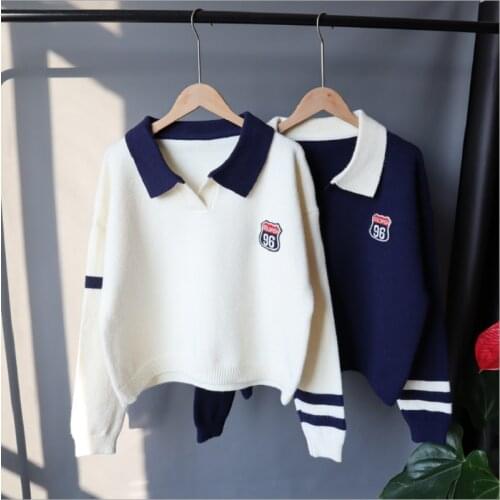 Autumn Winter College JK Style Label Sweet Sweater Pullovers Lapel Knitted Sweaters Korean Loose versatile Lady Top Outdoor Wear