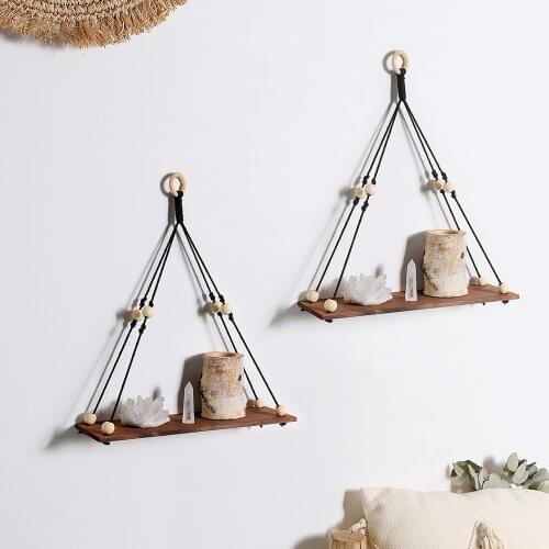 Boho Wood Hanging Shelves For Wall Home Decor Candle Holder Macrame Storage Shelves For Bedroom Bathroom Living Room