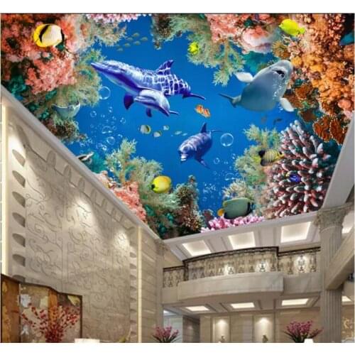 Custom photo 3d ceiling murals wallpaper Sea world whale fish coral decor living room 3d wall murals wallpaper for walls 3 d