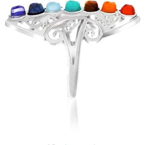 Silver Plated Marquise Shape with 7 Colors Small Beads Resizable Finger Ring Healing Chakra Reiki Jewelry