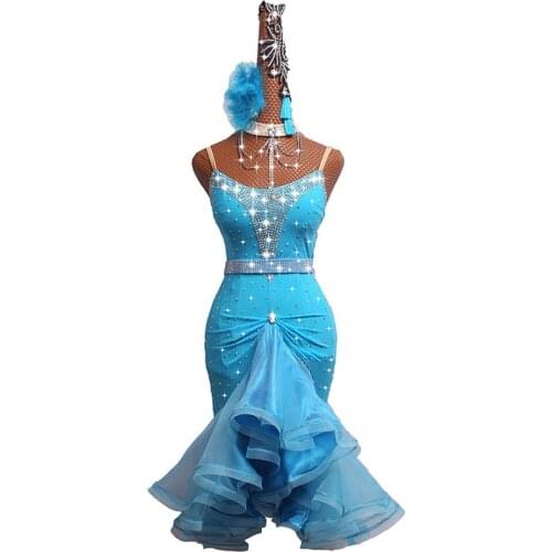 DHL Free Shipping Competition Latin Dance Dress Stage Performing Costumes Fringe Sparkly Belt Rhinestones Dresses For Women