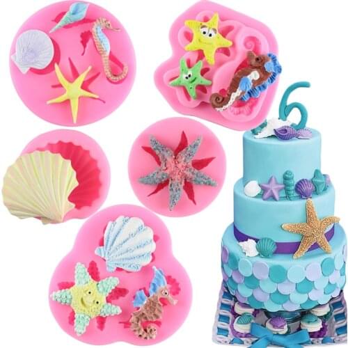DIY Lovely Shell Starfish Conch Silicone Chocolate Mold Mermaid Cupcake Topper Fondant Cake Decorating Tools Candy Clay Moulds